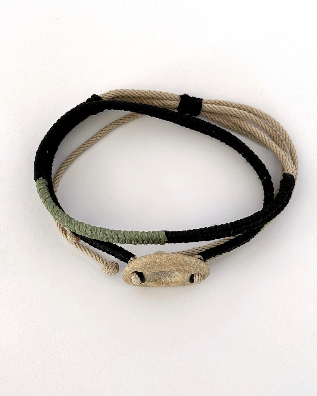 Macramé bracelet with light natural pebble, black and olive green cords, minimalist handmade jewelry