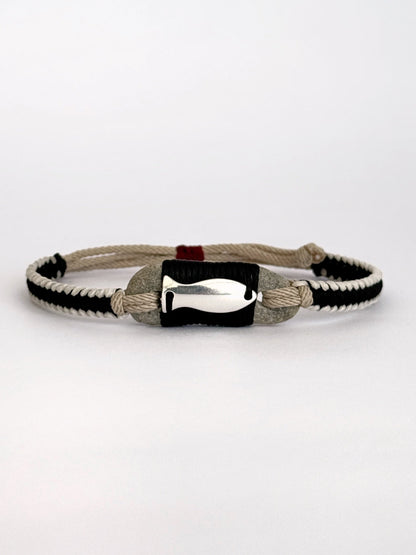 Handmade macramé bracelet with natural pebble and silver fish charm, minimalist unisex design - Granite