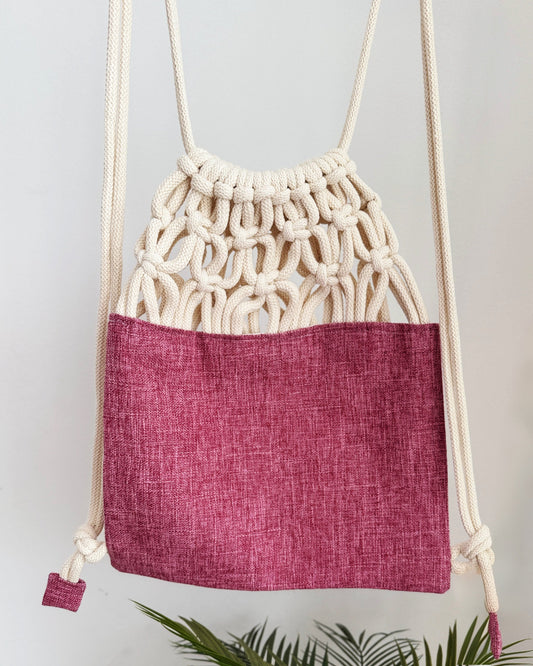 Handmade macramé backpack with soft cream macramé top and rose-merlot canvas-style bottom – Tropica Merlot design, textured and elegantly natural.